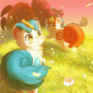 Official Fabulous Beasts characters in a colorful landscape with vibrant flowers and magical atmosphere.