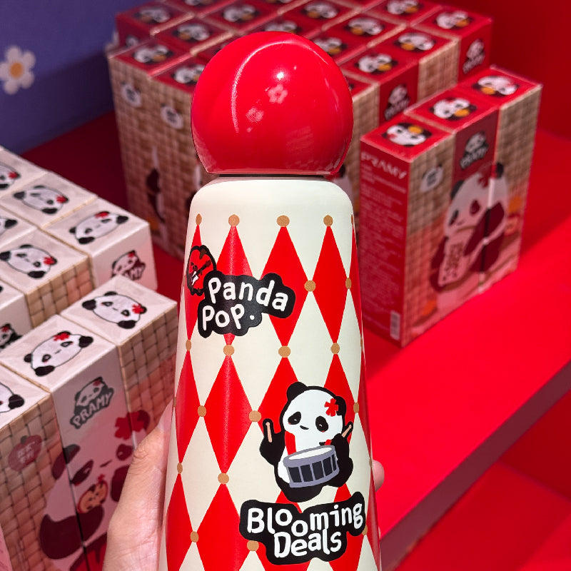 Red and white diamond patterned panda thermos cup