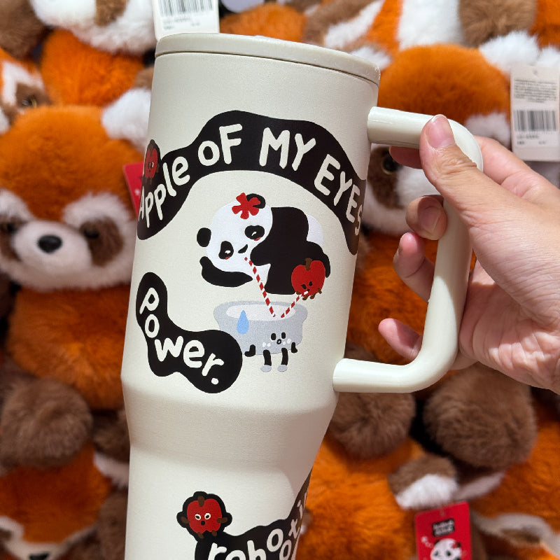 cute white car cup with handle and plush charm——Panda Hua Hua pattern