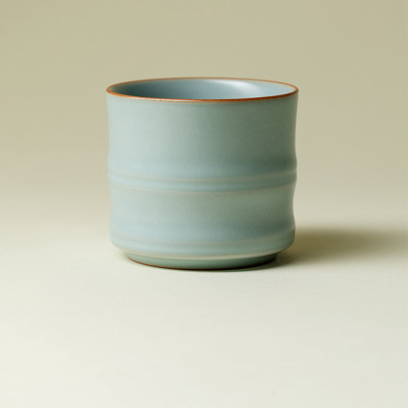 Ru Kiln Celadon Tea Cup - Sky-Blue Crackle Glaze Bamboo Section Design Chinese Heritage Craft