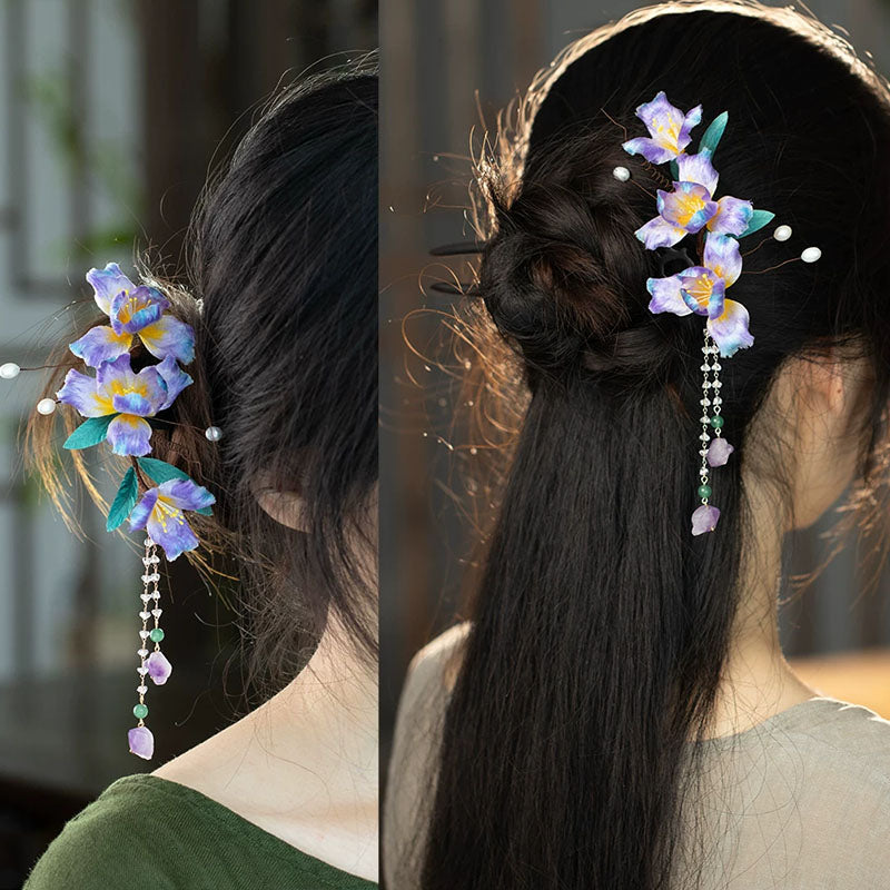 Handcrafted Velvet Iris Hair Clips – Luxurious Sandalwood Pair for Classic Hanfu Style Heritage Artisan Gift