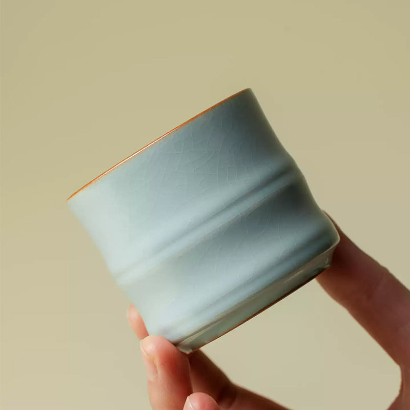 Ru Kiln Celadon Tea Cup - Sky-Blue Crackle Glaze Bamboo Section Design Chinese Heritage Craft