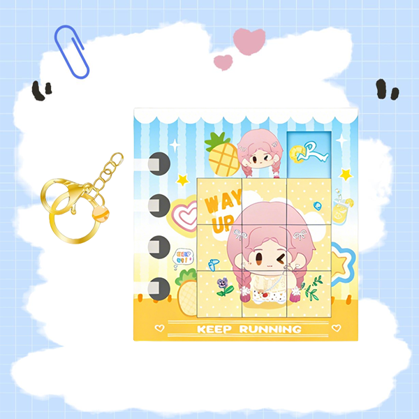 Adorable Keep Running Benben mini puzzle notebook used as a stylish charm on a backpack.