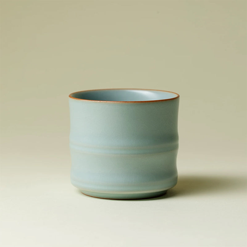 Ru Kiln Celadon Tea Cup - Sky-Blue Crackle Glaze Bamboo Section Design Chinese Heritage Craft