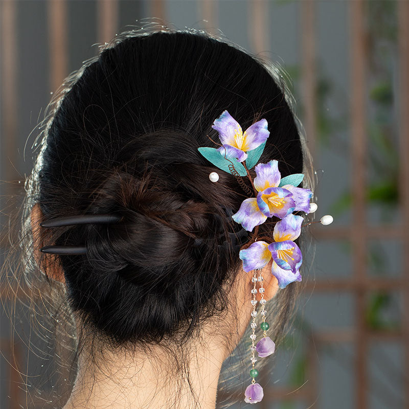 Handcrafted Velvet Iris Hair Clips – Luxurious Sandalwood Pair for Classic Hanfu Style Heritage Artisan Gift