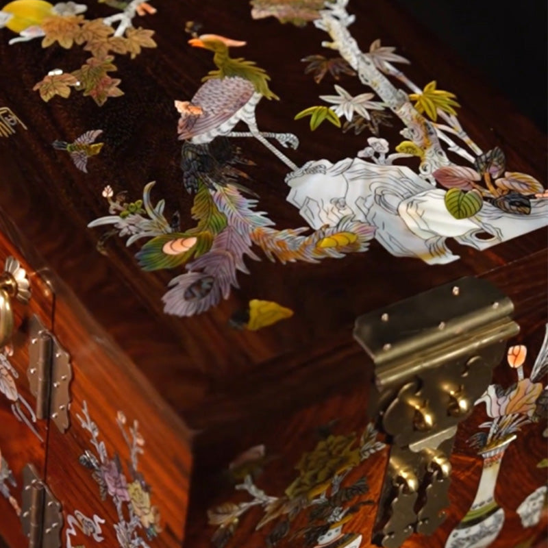Heritage Craft Chinese Jewelry Box: Rosewood with Phoenix Perching Mother-of-Pearl Inlay