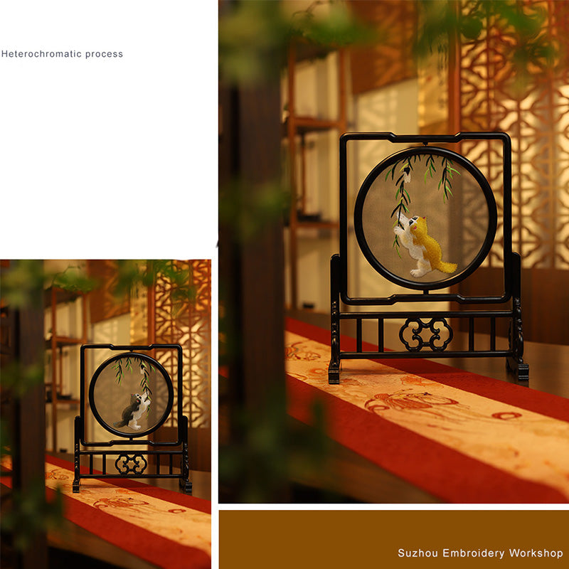 Double-Sided Silk Cat Embroidery - Multicolor Suzhou Style Art Display Heritage Folk Craft Collectible