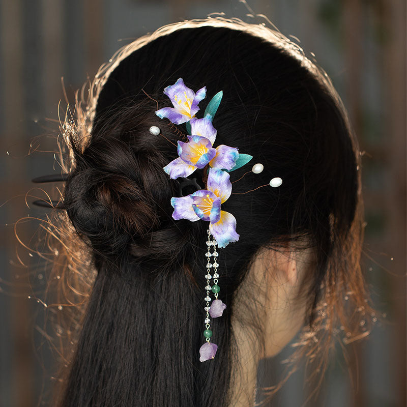 Handcrafted Velvet Iris Hair Clips – Luxurious Sandalwood Pair for Classic Hanfu Style Heritage Artisan Gift