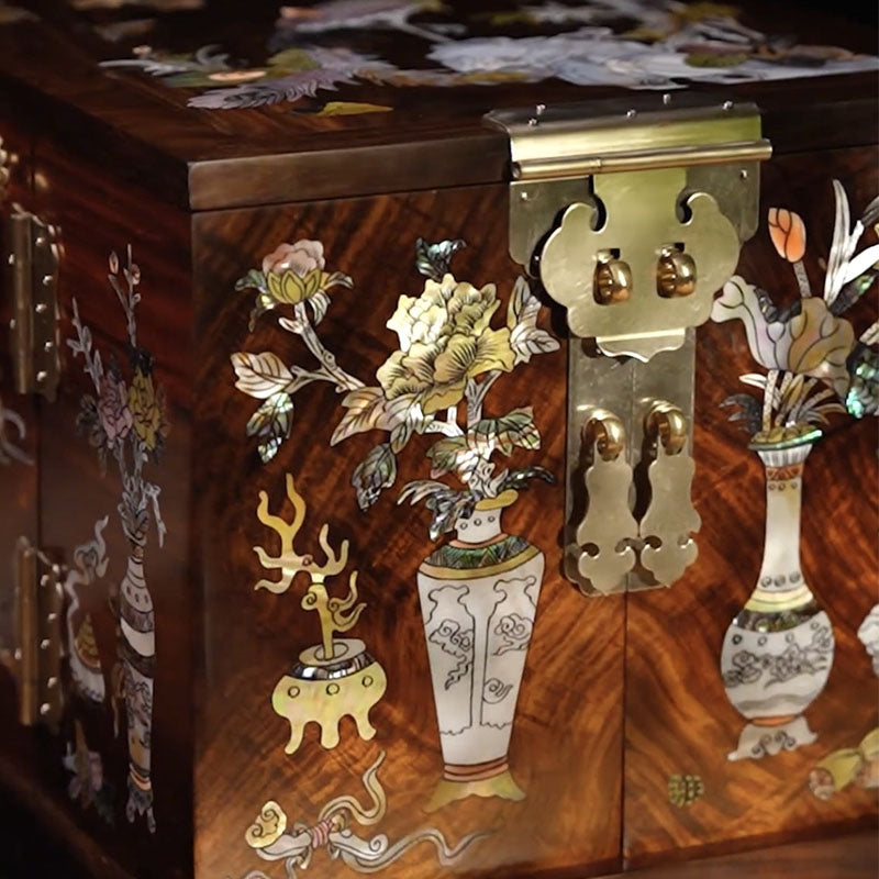 Heritage Craft Chinese Jewelry Box: Rosewood with Phoenix Perching Mother-of-Pearl Inlay