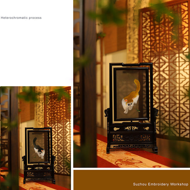 Double-Sided Silk Cat Embroidery - Multicolor Suzhou Style Art Display Heritage Folk Craft Collectible