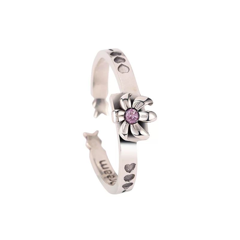 Link Click Time Link Combination Ring - Qiao Ling Version. 925 sterling silver ring with pink cubic zirconia and star details, featuring birth flower motif, official Link Click merch.