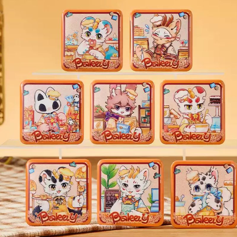 Adorable mythical beasts as bakers, surrounded by sweet pastries and bakery elements.