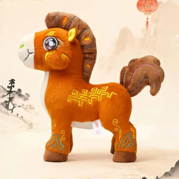 Spring Festival Gala Horse Plush Toy with Gold Geometric Pattern Embroidery